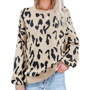 Merokeety | Women's Animal Print Balloon Sleeve Crewneck Sweater (Size Small)